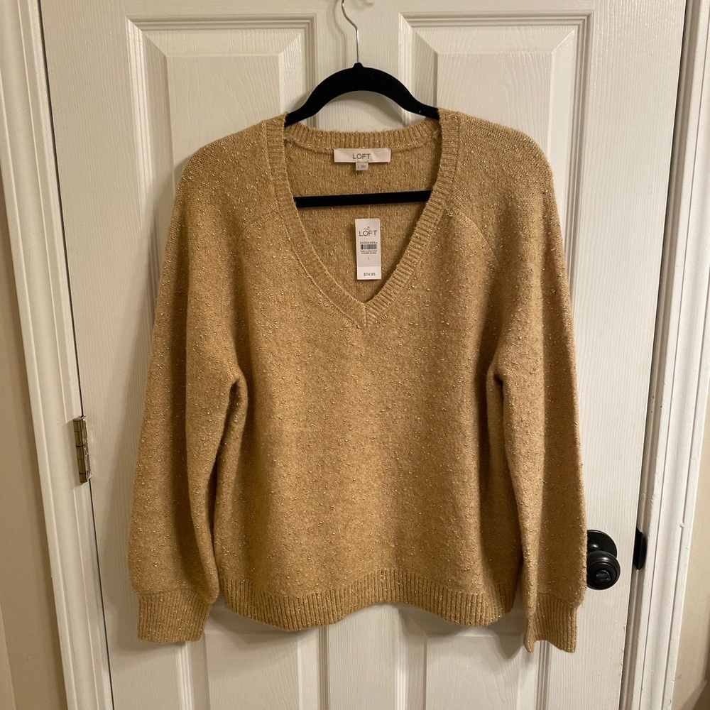 LOFT Gold V-Neck Sparkle Sweater